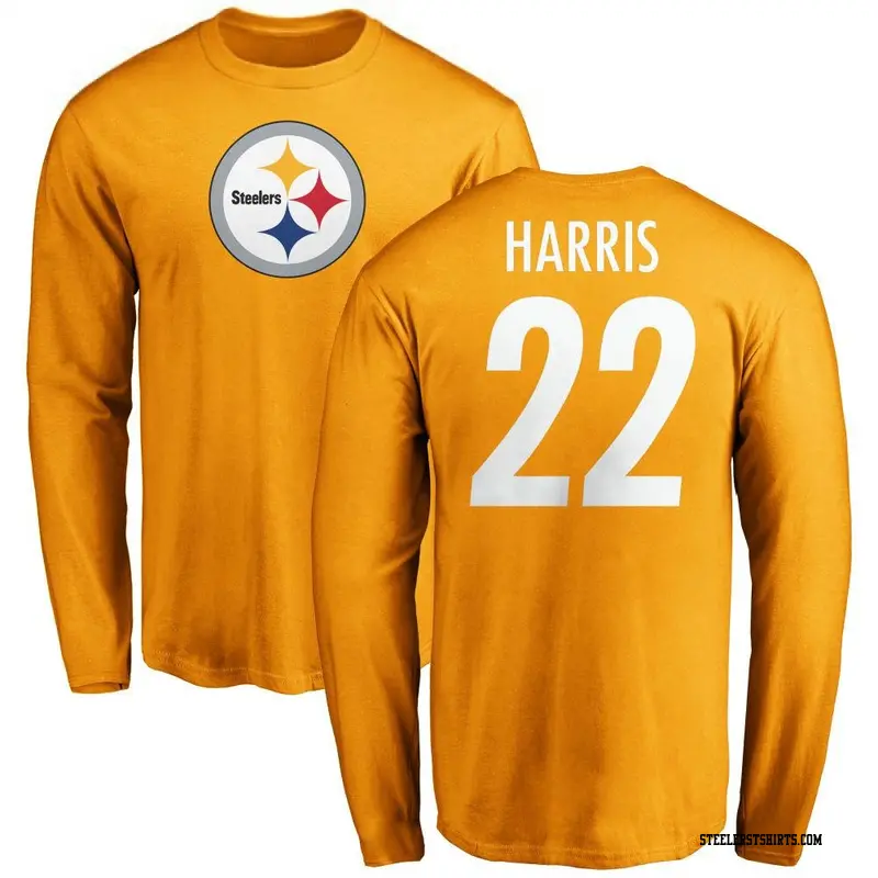 Men's Pittsburgh Steelers ＃22 Najee Harris Gold Name & Number Logo Long Sleeve T-Shirt