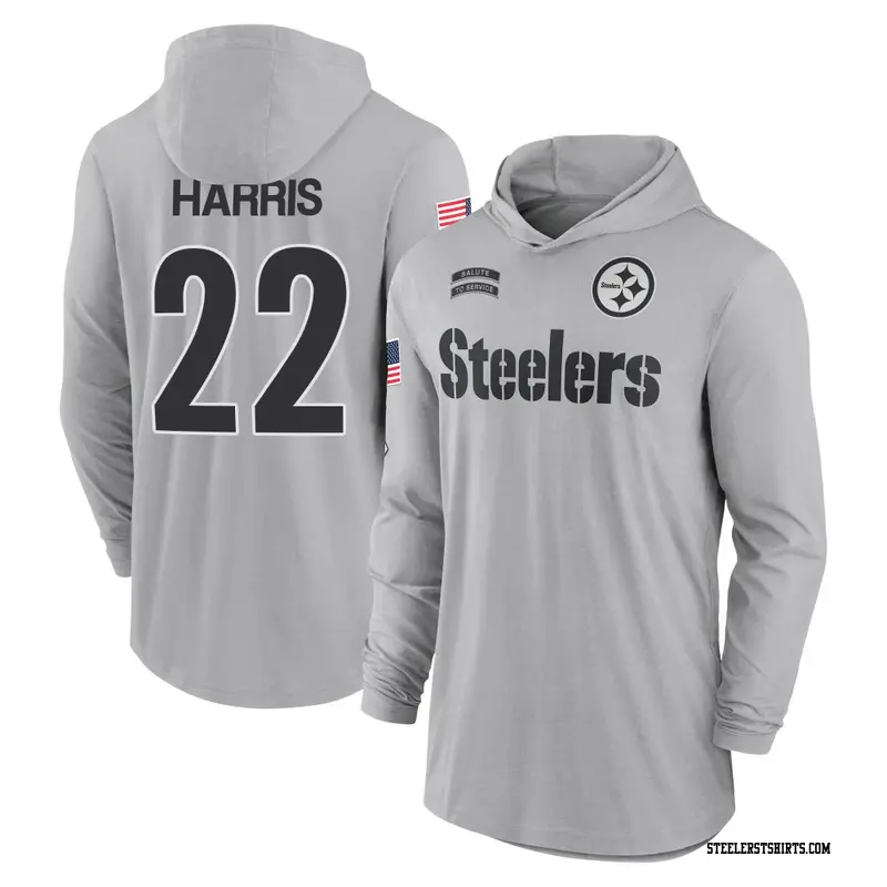 Men's Pittsburgh Steelers ＃22 Najee Harris Gray 2024 Salute to Service Lightweight Performance Long Sleeve Hooded T-Shirt