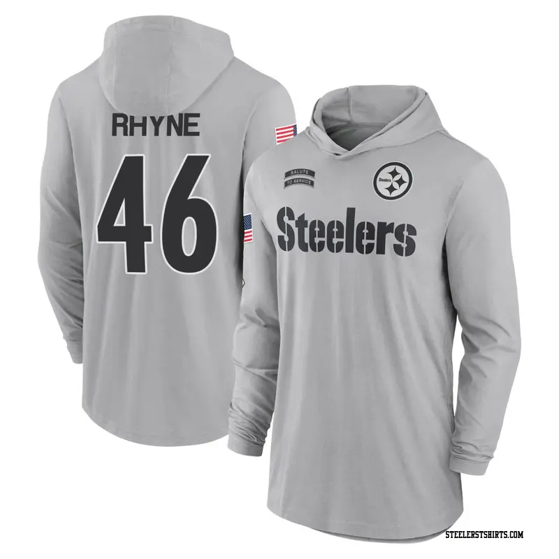 Men's Pittsburgh Steelers ＃46 Forrest Rhyne Gray 2024 Salute to Service Lightweight Performance Long Sleeve Hooded T-Shirt