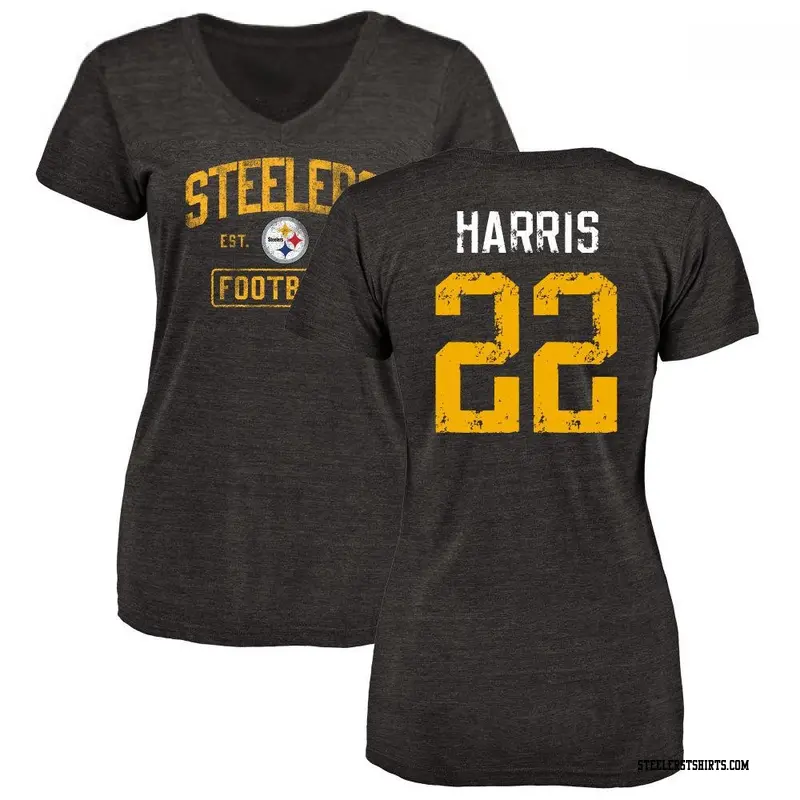 Women's Pittsburgh Steelers ＃22 Najee Harris Black Distressed Name & Number V-Neck T-Shirt