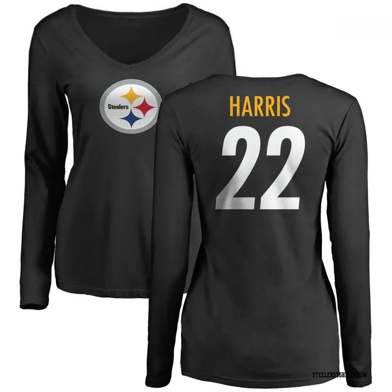 Women's Pittsburgh Steelers ＃22 Najee Harris Black Name & Number Logo Slim Fit Long Sleeve T-Shirt