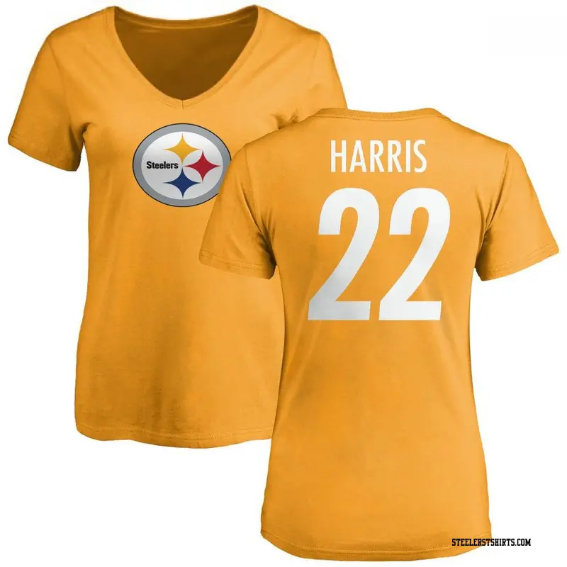 Women's Pittsburgh Steelers ＃22 Najee Harris Gold Name & Number Logo Slim Fit T-Shirt