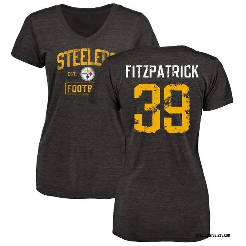 Women's Pittsburgh Steelers ＃39 Minkah Fitzpatrick Black Distressed Name & Number V-Neck T-Shirt