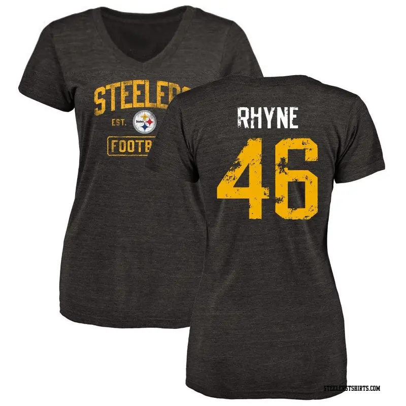 Women's Pittsburgh Steelers ＃46 Forrest Rhyne Black Distressed Name & Number V-Neck T-Shirt