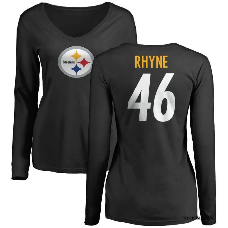 Women's Pittsburgh Steelers ＃46 Forrest Rhyne Black Name & Number Logo Slim Fit Long Sleeve T-Shirt