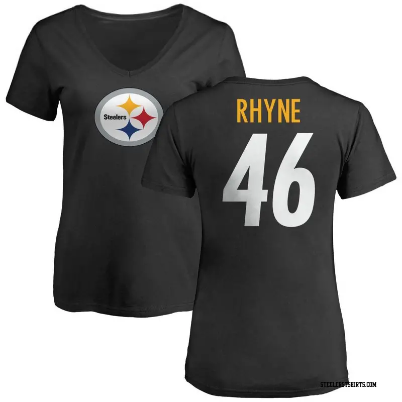 Women's Pittsburgh Steelers ＃46 Forrest Rhyne Black Name & Number Logo Slim Fit T-Shirt