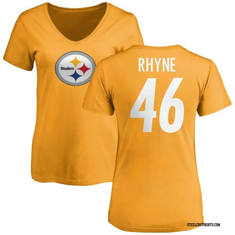 Women's Pittsburgh Steelers ＃46 Forrest Rhyne Gold Name & Number Logo Slim Fit T-Shirt